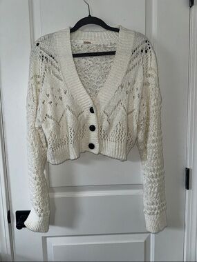Free People White Open-Knit Cropped Button Cardigan Sweater
